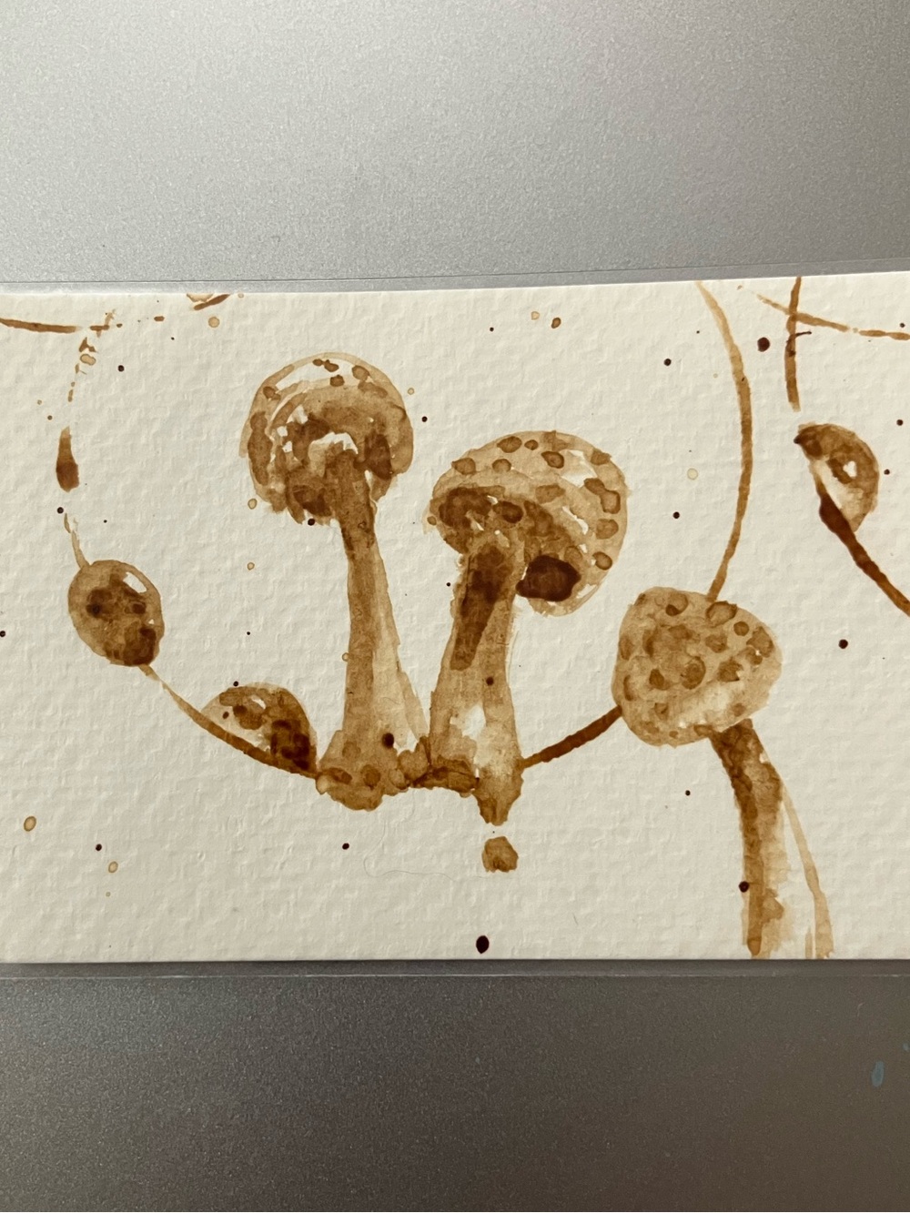 Aceo mushrooms ladybugs original coffee painting ATC gift art by EAE